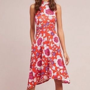 Anthropologie MAEVE red pink floral mock neck swing dress, M.
